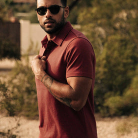 our fit model wearing The Heavy Bag Polo in Red Stripe