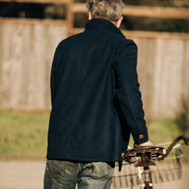 our fit model wearing The Ojai Jacket in Navy Boiled Wool