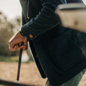 our fit model wearing The Ojai Jacket in Navy Boiled Wool