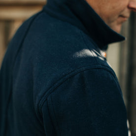 our fit model wearing The Ojai Jacket in Navy Boiled Wool