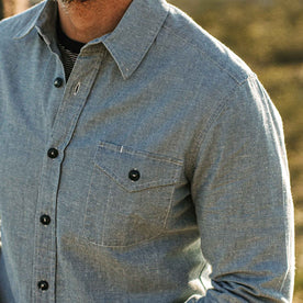 our fit model wearing The Cash Shirt in Washed Hemp Chambray