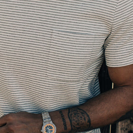 our fit model wearing The Heavy Bag Tee in Ash Stripe
