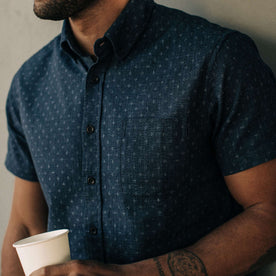 our fit model wearing The Short Sleeve Jack in Indigo Star