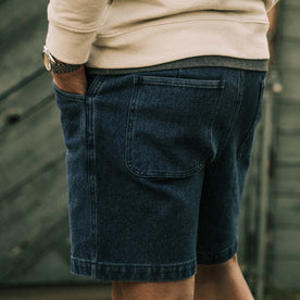 our fit model wearing The Camp Short in Indigo Boss Duck