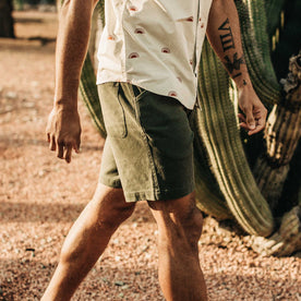 our fit model wearing The Camp Short in Olive Boss Duck
