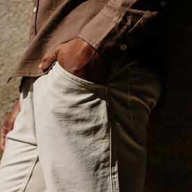 our fit model wearing The Camp Pant in Natural Reverse Sateen