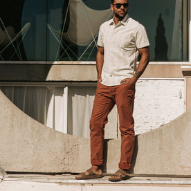 our fit model wearing The Camp Pant in Rust Reverse Sateen