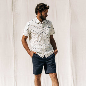 our fit model wearing The Short Sleeve Hawthorne in Brush Dot