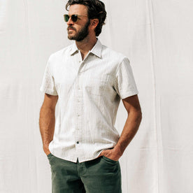 our fit model wearing The Short Sleeve Hawthorne in Natural Stripe