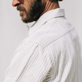our fit model wearing The Short Sleeve Hawthorne in Natural Stripe