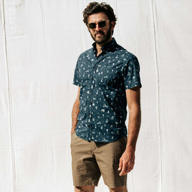 our fit model wearing The Short Sleeve Jack in Navy Aloha