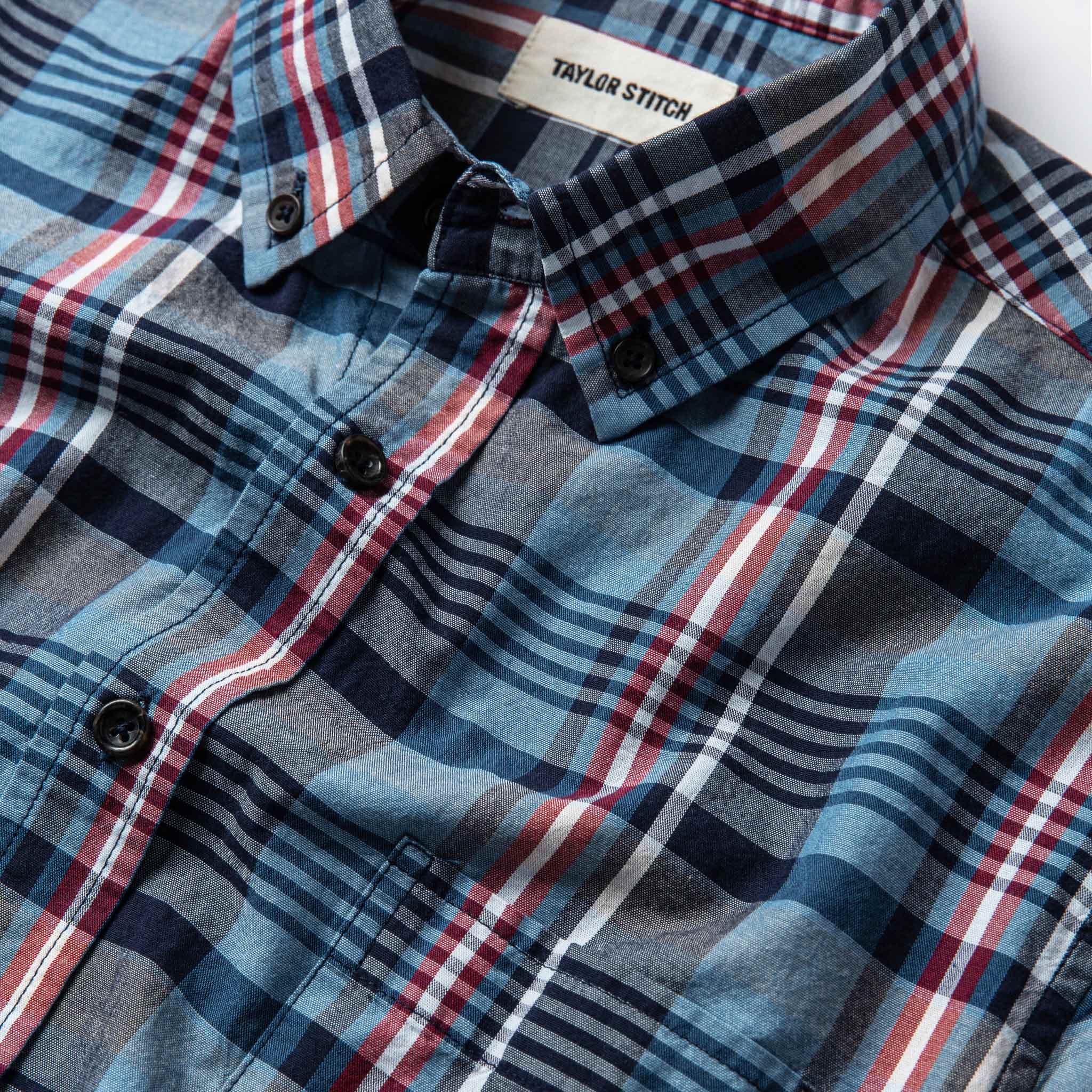 Material shot close up with collar and placket visible, Wovens by Taylor Stitch