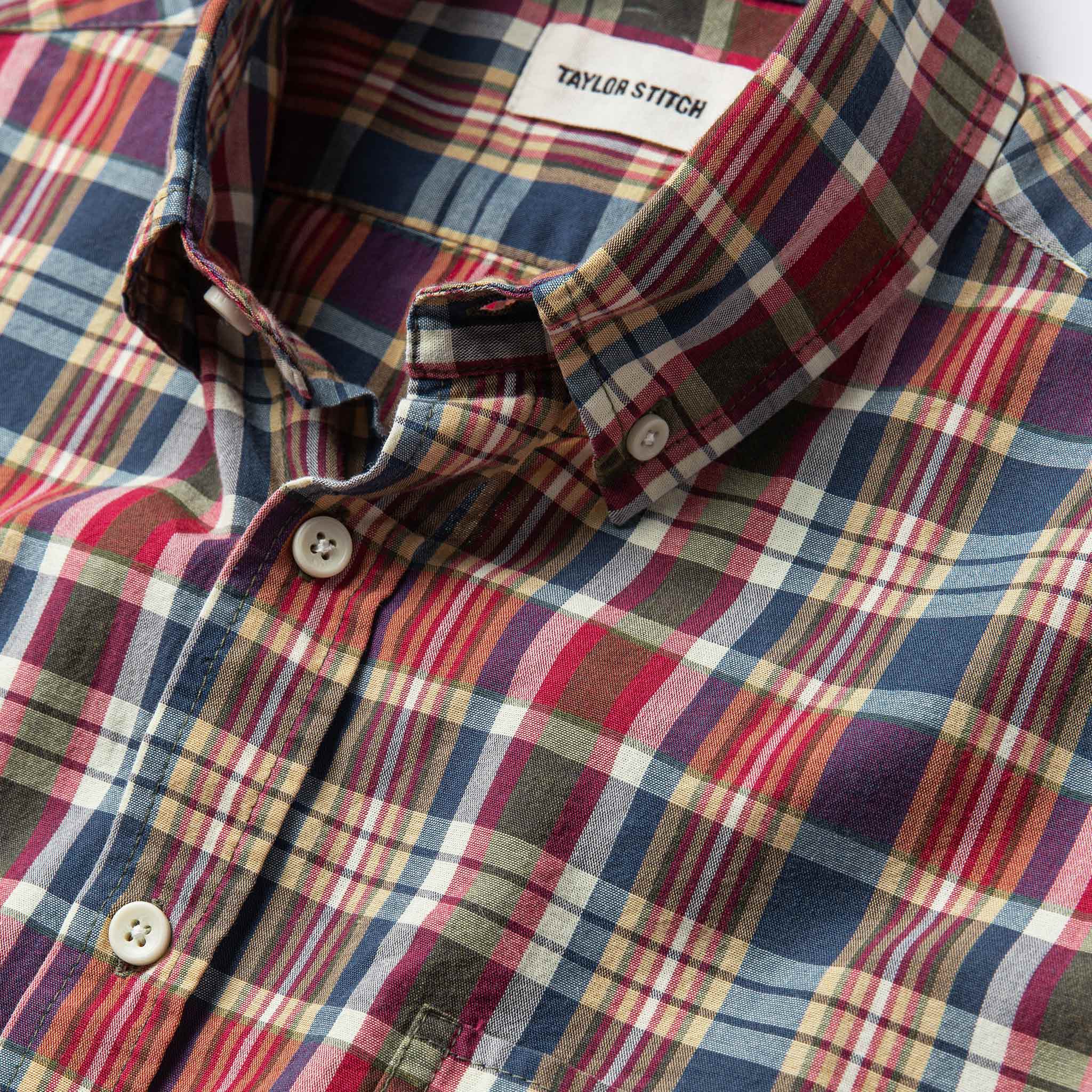 Material shot close up of collar and front placket of shirt, Wovens by Taylor Stitch