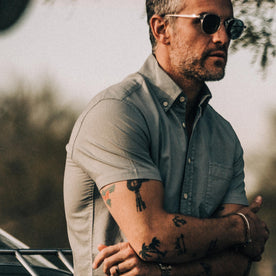 our fit model wearing The Short Sleeve Jack in Dusk Oxford