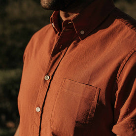 our fit model wearing The Short Sleeve Jack in Terracotta Oxford