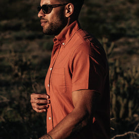 our fit model wearing The Short Sleeve Jack in Terracotta Oxford