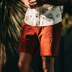 our fit model wearing The Trail Short in Rust Cord