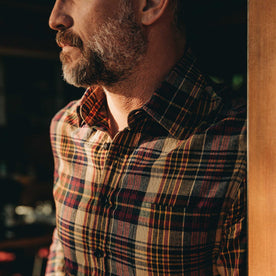 our fit model wearing The California in Vintage Navy Madras—looking left