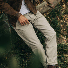 our fit model wearing The Chore Pant in Ash Boss Duck—cropped shot of waist down