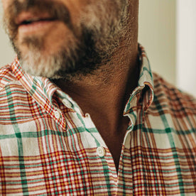 our fit model wearing The Jack in Vintage Red Madras—cropped shot of collar