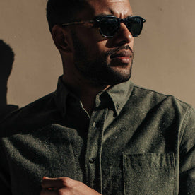 our fit model wearing The Jack in Olive Slub Chambray—cropped shot chest up