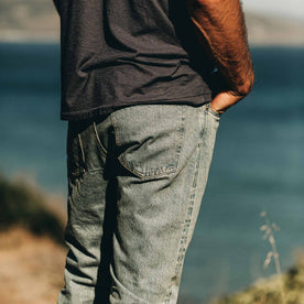 our fit model wearing The Slim Jean in 24-Month Wash Japanese Selvage—back detail shot