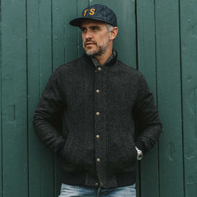 our fit model wearing The Bomber Jacket in Charcoal Wool