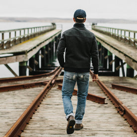 our fit model wearing The Bomber Jacket in Charcoal Wool