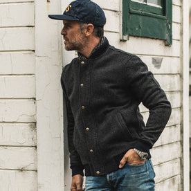 our fit model wearing The Bomber Jacket in Charcoal Wool
