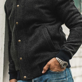 our fit model wearing The Bomber Jacket in Charcoal Wool