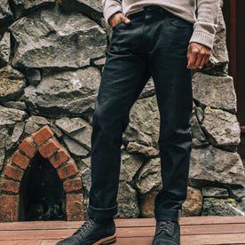 our fit model wearing The Democratic Jean in Black Selvage