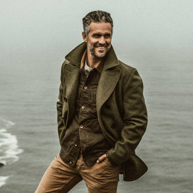 our fit model wearing The Mendocino Peacoat in British Army