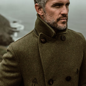 our fit model wearing The Mendocino Peacoat in British Army
