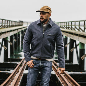 our fit model wearing The Monterey Bomber in Navy Wool