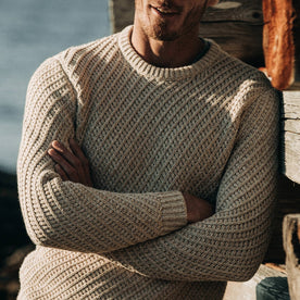 fit model wearing The Adirondack Sweater in Natural, cropped shot of chest