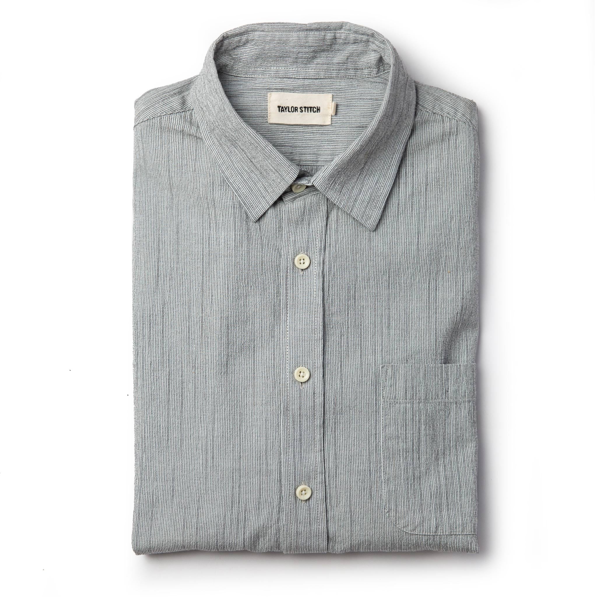 folded flatlay of The California in Midnight Slub Micro Stripe, Wovens by Taylor Stitch