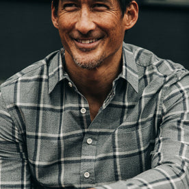 fit model wearing The California in Navy Salt and Pepper Plaid, cropped closeup chest up
