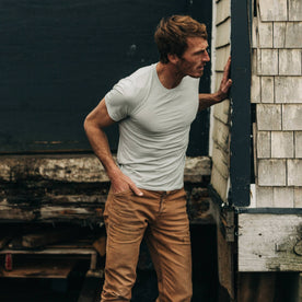 fit model wearing The Cotton Hemp Tee in Bay Mist, hand in pocket