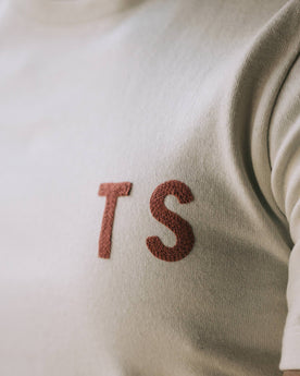 The Embroidered Heavy Bag Tee in Natural TS, chest detail, Knits by Taylor Stitch