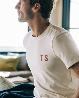 The Embroidered Heavy Bag Tee in Natural TS, looking left, Knits by Taylor Stitch