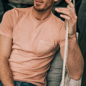fit model wearing The Heavy Bag Tee in Dusty Rose, cropped chest shot