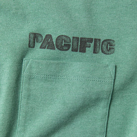 material shot of chest pocket with "pacific" text 