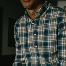 fit model wearing The Jack in Melange Navy Plaid, chest shot cropped