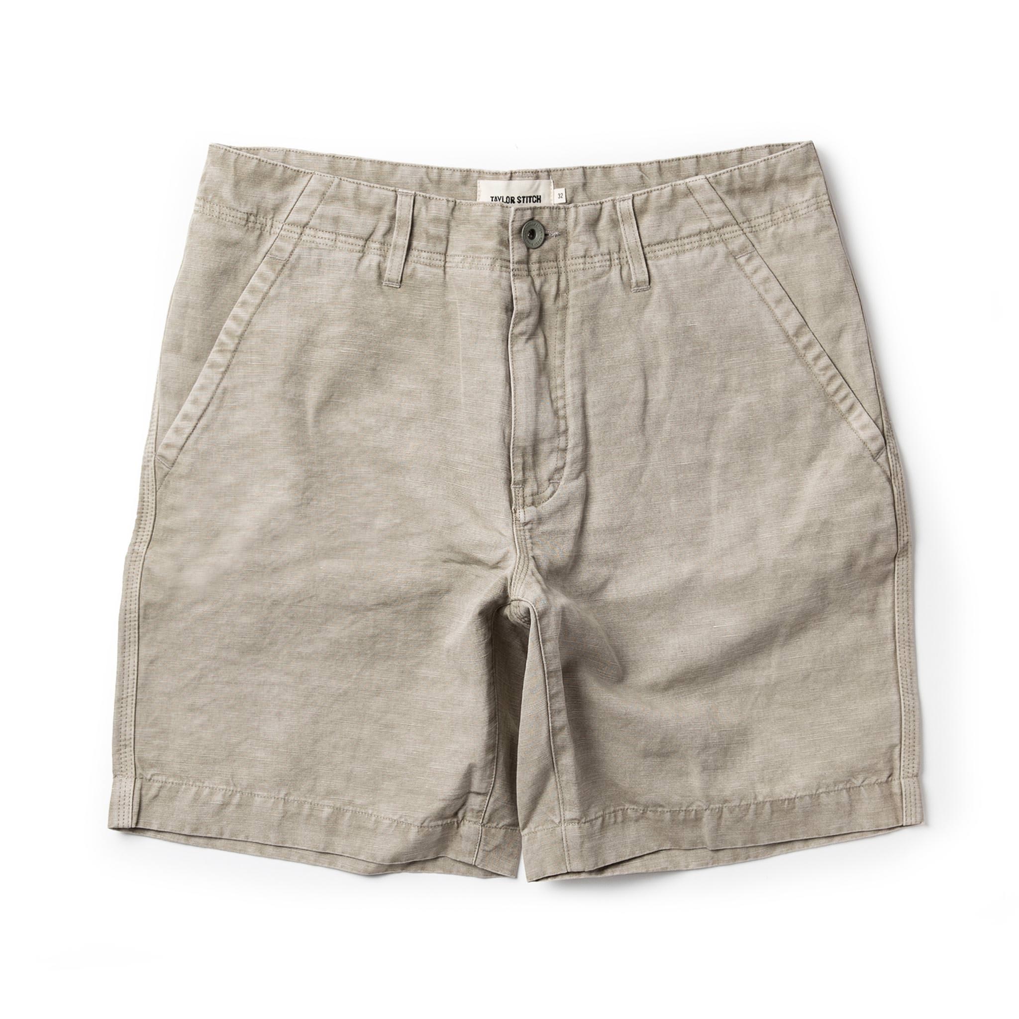 flatlay of The Morse Short in Aluminum Slub Linen, Shorts by Taylor Stitch