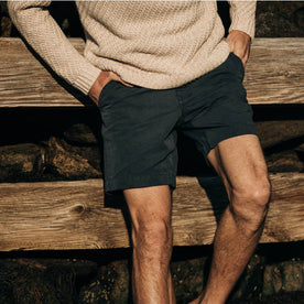 fit model wearing The Morse Short in Navy Slub Linen, hands in pockets