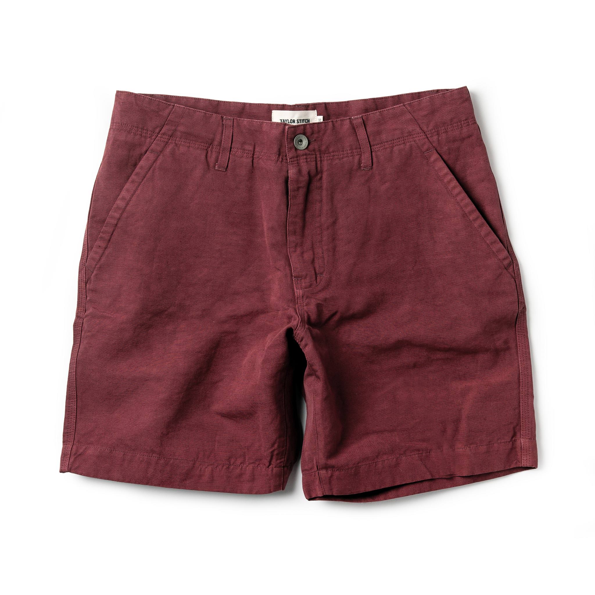 flatlay of The Morse Short in Brick Red Slub Linen, Shorts by Taylor Stitch