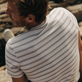 fit model wearing The Organic Cotton Tee in Graphite Stripe, back detail