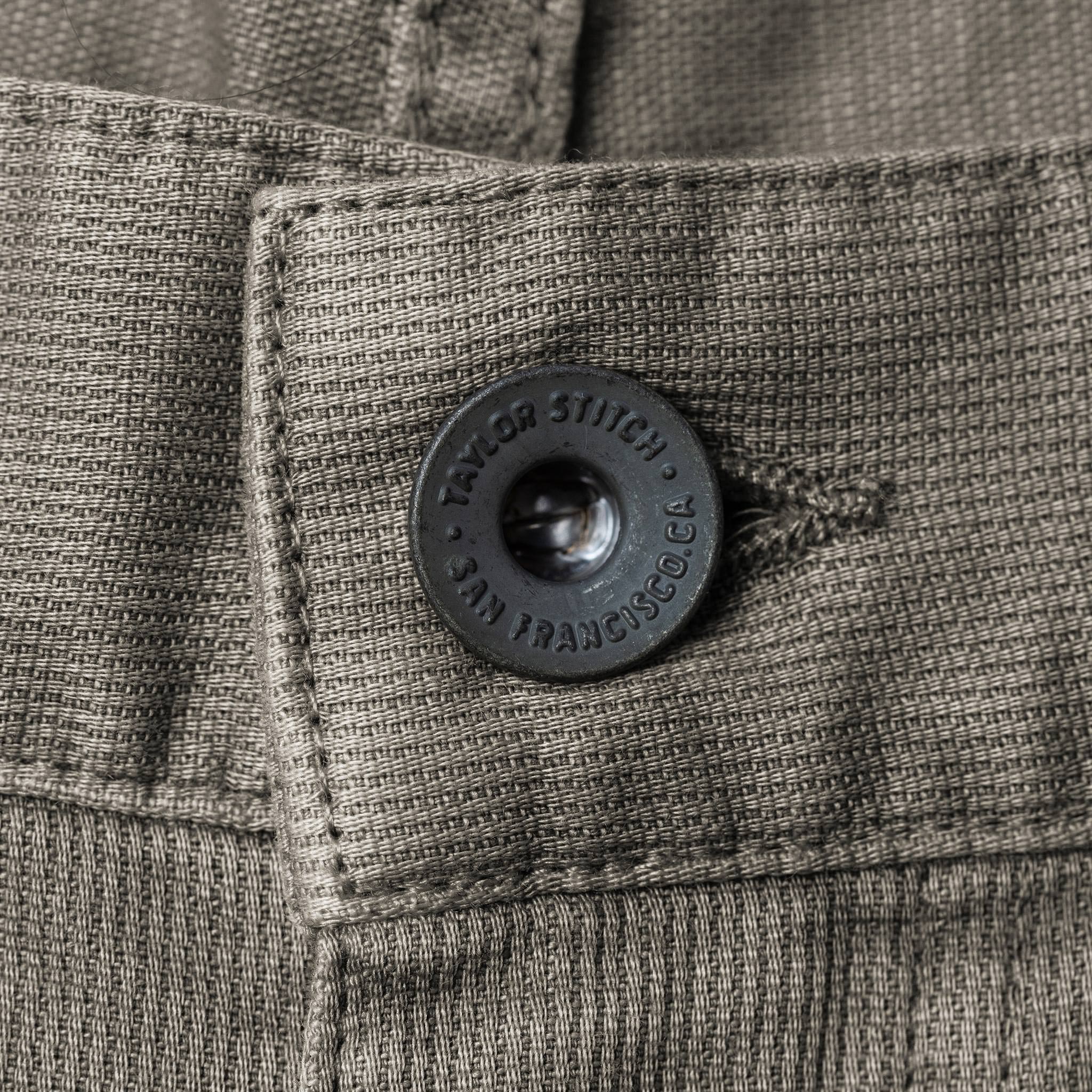 material shot of button, Bottoms by Taylor Stitch