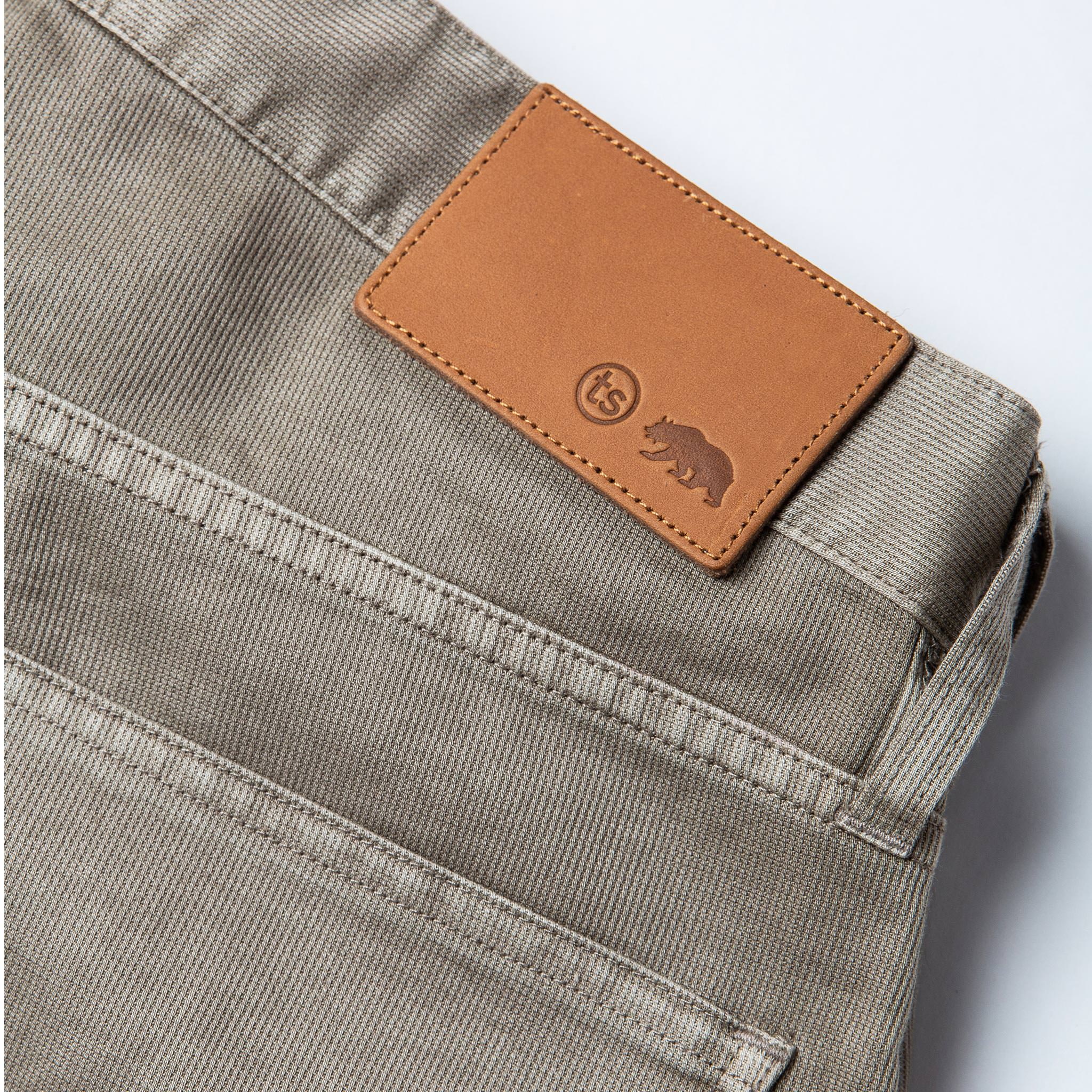 material shot of leather patch, Bottoms by Taylor Stitch