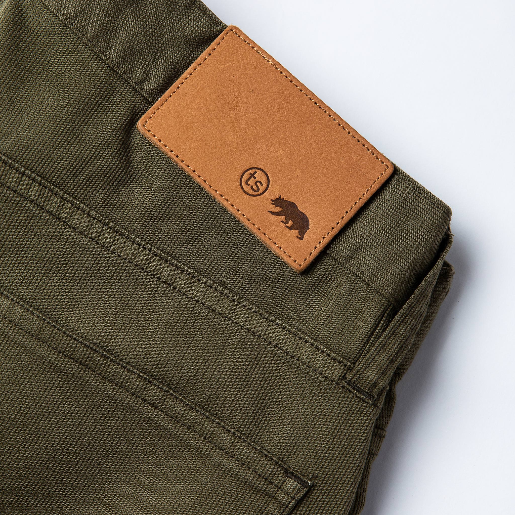 material shot of leather patch, Bottoms by Taylor Stitch